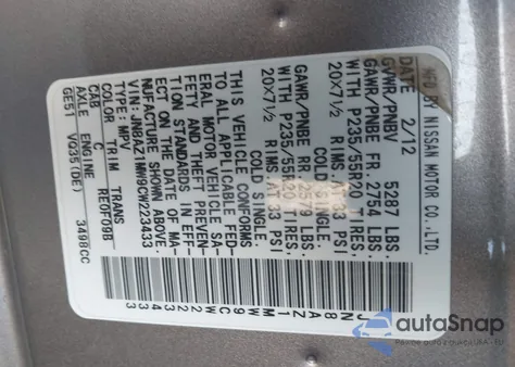 2012 Nissan Murano Le z USA, uszkodzony, nr VIN JN8AZ1MW9CW223433